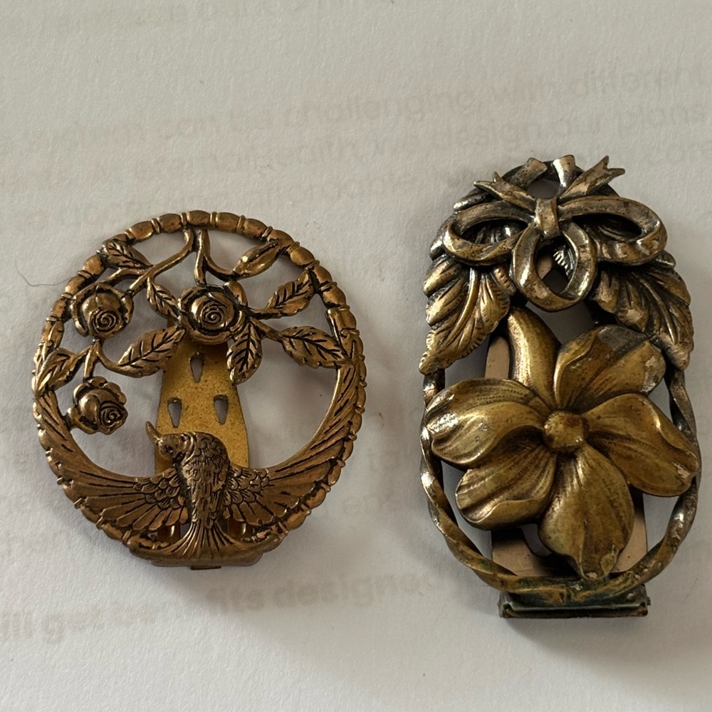 Vintage Gold tone sweater or scarf clip Set with Floral and Bird Designs